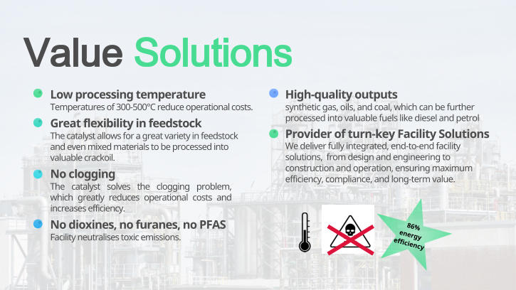 	High-quality outputs synthetic gas, oils, and coal, which can be further processed into valuable fuels like diesel and petrol 	Provider of turn-key Facility Solutions We deliver fully integrated, end-to-end facility solutions,  from design and engineering to construction and operation, ensuring maximum efficiency, compliance, and long-term value. 	Low processing temperature Temperatures of 300-500C reduce operational costs. 	Great flexibility in feedstock The catalyst allows for a great variety in feedstock and even mixed materials to be processed into valuable crackoil. 	No clogging The catalyst solves the clogging problem, which greatly reduces operational costs and increases efficiency. 	No dioxines, no furanes, no PFAS Facility neutralises toxic emissions.  Value Solutions 86% energy  efficiency