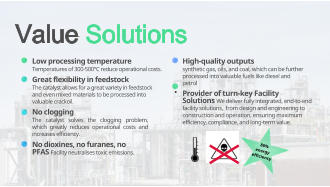 	High-quality outputs synthetic gas, oils, and coal, which can be further processed into valuable fuels like diesel and petrol 	Provider of turn-key Facility Solutions We deliver fully integrated, end-to-end facility solutions,  from design and engineering to construction and operation, ensuring maximum efficiency, compliance, and long-term value. 	Low processing temperature Temperatures of 300-500C reduce operational costs. 	Great flexibility in feedstock The catalyst allows for a great variety in feedstock and even mixed materials to be processed into valuable crackoil. 	No clogging The catalyst solves the clogging problem, which greatly reduces operational costs and increases efficiency. 	No dioxines, no furanes, no PFAS Facility neutralises toxic emissions.  Value Solutions 86% energy  efficiency